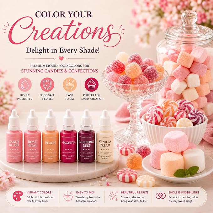 Confect Valentine Water Color Food Coloring Set – Highly Pigmented Oil Based Food Colors for Cakes, Buttercream, Drinks, Popsicles & Baking – 6 Pack × 10mL