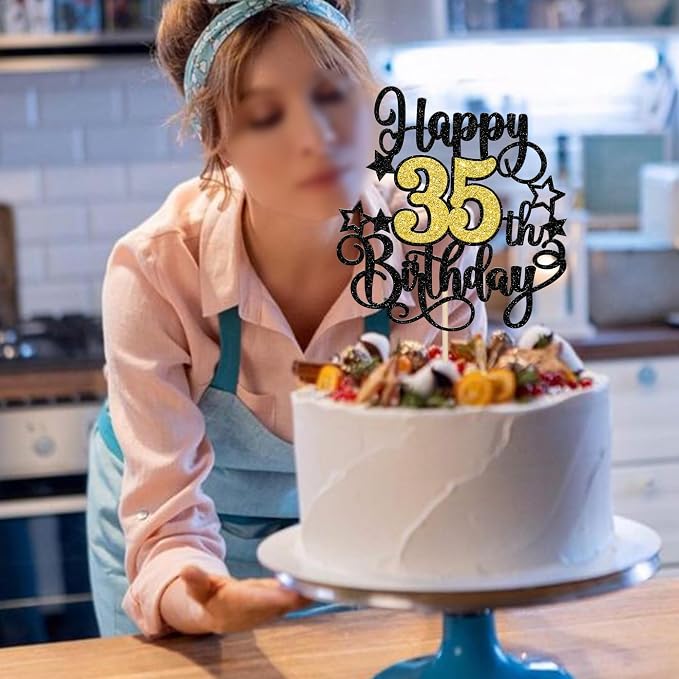 1 PCS Happy 35th Birthday Cake Topper Black Gold Glitter Cheers to 35 Years Birthday Cake Pick Hello 35 Fabulous Cake Decoration for Happy 35th Birthday Anniversary Party Decorations Supplies