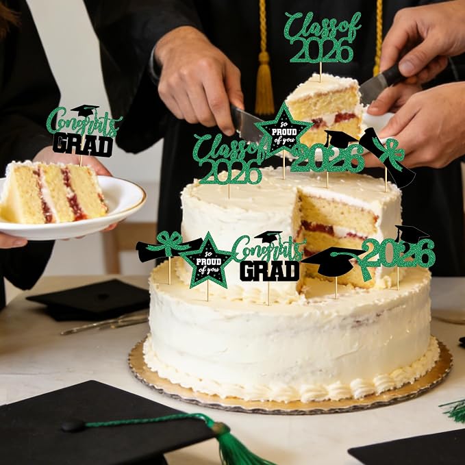 48 PCS Grad Cupcake Toppers, Glittery Congrats Graduation Cake Topper, 6 Styles Graduation Decorations, Black and Green Cap and Diploma Cake Picks for Class of 2026 Grad Party Decorations Supplies