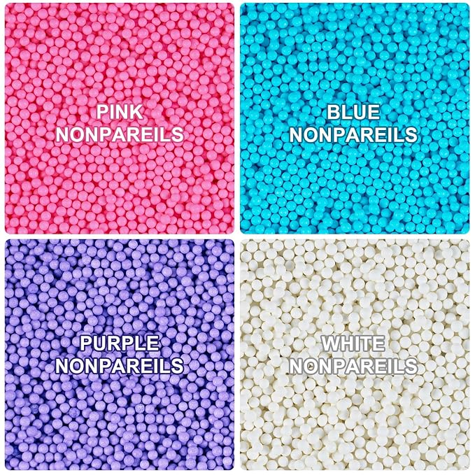 Edible Nonpareils Sprinkles Blue Pink Purple White Nonpareil Sprinkle Mix Rainbow Pastel Sprinkles for Cake Decorations Baking Ice Cream Cookies Cupcake Topper 6.5 ounces