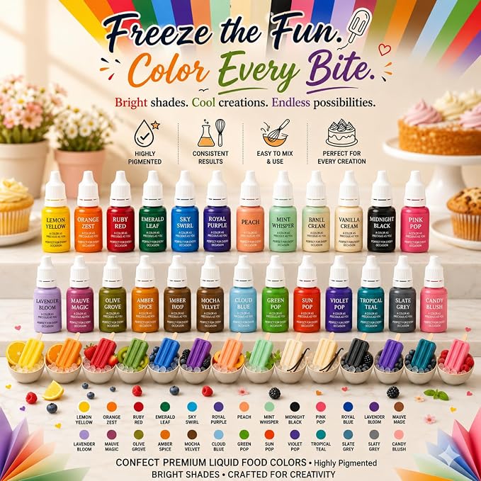 Confect Master Artist Water Color Food Coloring Set – Highly Pigmented Oil Based Food Colors for Cakes, Buttercream, Drinks, Popsicles & Baking – 24 Pack × 10mL