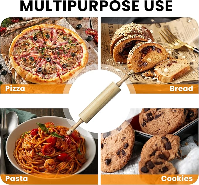 KARRYOUNG Natural Rubberwood Rolling Pin with Handles – Smooth Dough Roller for Pizza, Pie Crust, Cookies, Fondant & Tortillas – Durable Kitchen Baking Essential, Rodillo Para Masa