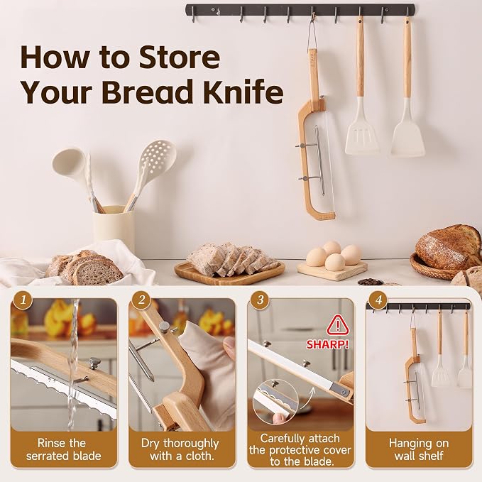 Tievo Adjustable Bread Knife, 5 Thickness Settings Bread Slicer with Guide for Sourdough & Homemade Bread, Bow Knife for Even Slices, Gift for Sourdough Bakers