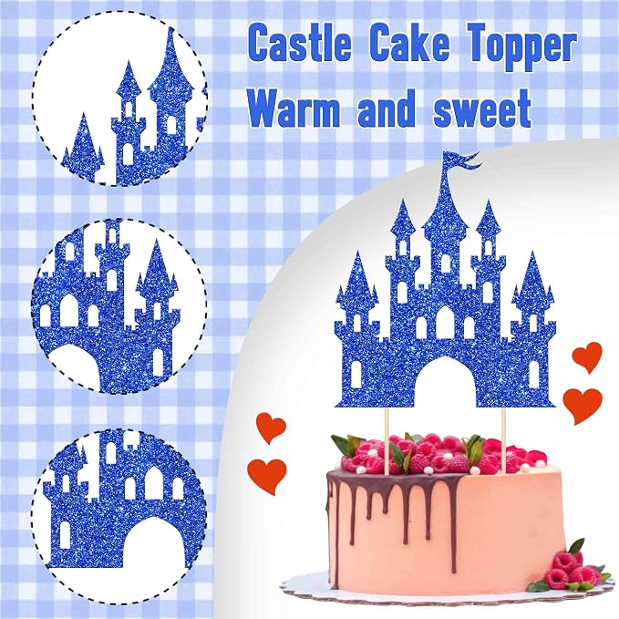 1 PCS Castle Cake Topper Glitter Princess Cake Topper Castle Theme Birthday Party Decoration Princess Happy Birthday Cake Decoration for Baby Shower Princess Birthday Party Supplies Dark Blue