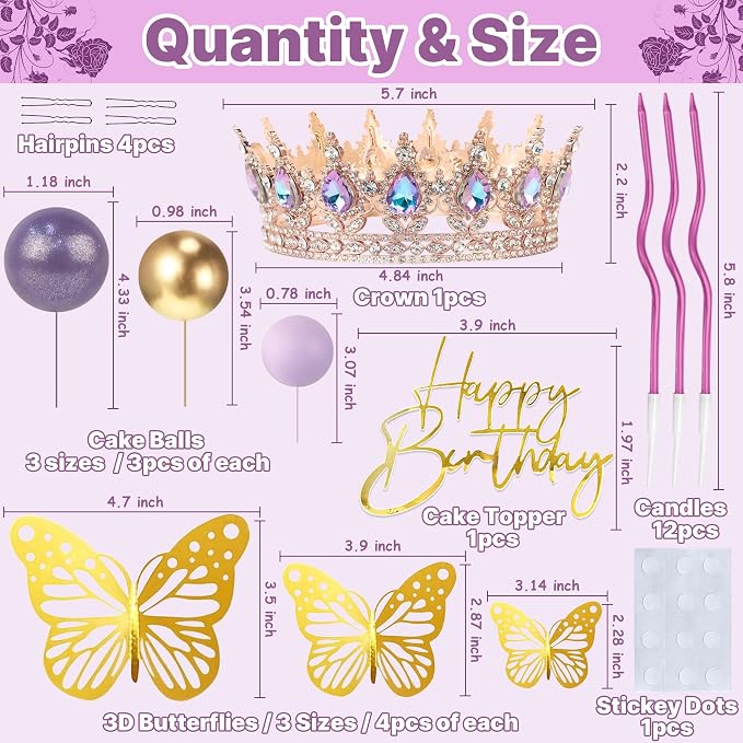 Crown Cake Topper, Purple Crown Balls Happy Birthday Cake Toppers Candles Butterfly, Corona Para Pastel, Crown Cake Decorations for Women Queen Princess (Rose Gold, Moonlight Purple)
