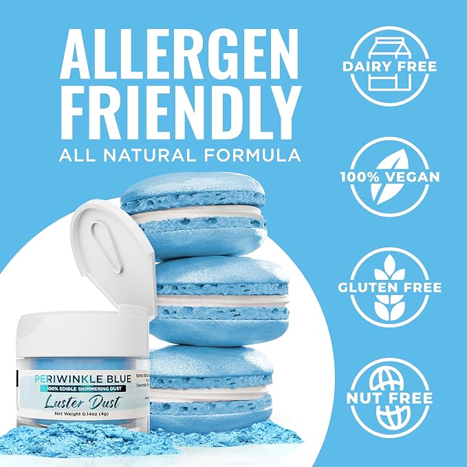 Luster Dust - Periwinkle Blue (4g 1x Jar) | Edible Vegan Dust & Paint for Cake Decorating, Ice Cream, Desserts, Cocktails and Beverages by Bakell
