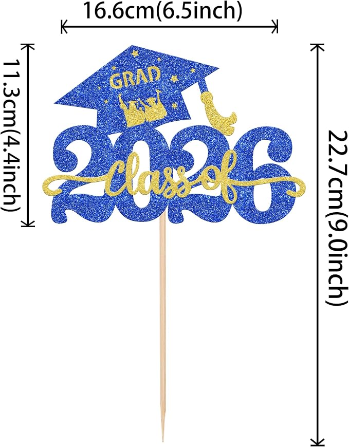 1 Pack Class of 2026 Cake Topper Glitter Congrats Grad Cap 2026 Graduation Cake Pick for 2026 Graduation Theme High School Graduate Party Cake Decorations Supplies Blue Gold
