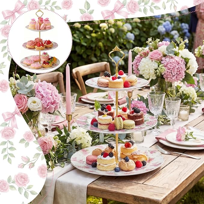 3 Tier Pink Floral Cake Stand Ceramic Coquette Dessert Stand with Gold Metal Rack Shabby Hydrangea Bow Cupcake Tower for Wedding Bridal Shower Baby Shower Birthday Afternoon Tea Party