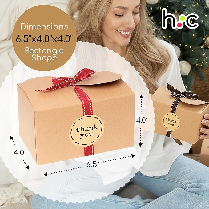 Brown Kraft Cookie Boxes with Ribbons & Stickers (20 Pack) 6.5” x 4” Small Cardboard Gift Boxes for Gift Giving, Baked Goods, Candy, Christmas, Decorative Food Packaging, Bakery Treats, Empty, Bulk