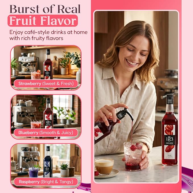 1883 Strawberry, Blueberry, Raspberry Syrups with Pumps (Berry Lovers) for Drinks – 1 Liter Plastic Bottles (Pack of 3)