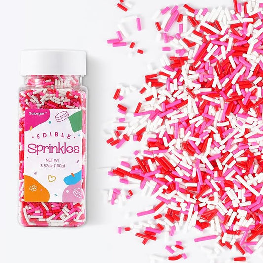 Red Pink and White Sprinkles, 100g Valentines Jimmies Sprinkles for Cupcake Toppers Cake Decorating Cookies Baking Dessert for Valentines Girls Pink Party Food Decorations
