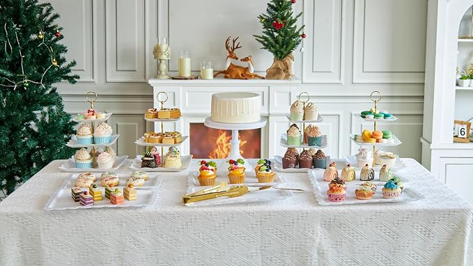 13-Piece Cake Display Set, 4 Square 3-Tier Cupcake Stands, Large Cake Stand, 6 Rectangular Trays, Golden Tongs & Server – Dessert Table Display for Weddings, Baby Showers & Parties
