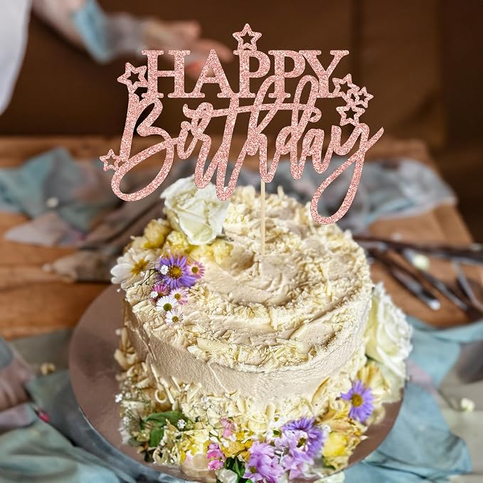 Gyufise 1Pcs Happy Birthday Cake Topper Glitter Cake Pick for Celebrating Anniversary Theme Party Cake Decorations Supplies Light Rose Gold
