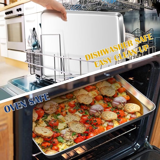 P&P CHEF 17.3 Inch Baking Cookie Sheet, Oven Pan Tray Stainless Steel Sheet Pan for Kitchen, Oven Bakeware for Multi Uses, Shiny Look & Dishwasher Safe, Healthy & Heavy Duty, 2Pcs
