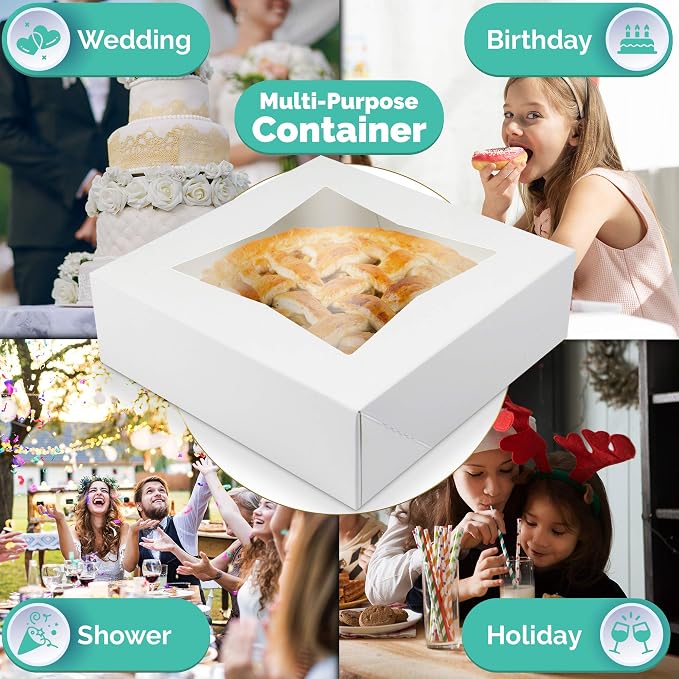 O’Creme White Bakery Boxes with Window 10x10x2.5 in, 25 Pack, Display Pies, Pastries, Cupcakes and Cookies | Paperboard White Kraft Auto-Popup Window Cake Boxes, Pie Pastry Container Carrier