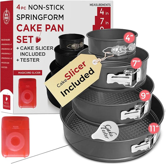 9 Inch Springform Pan Set - 4 NONSTICK Leakproof Cheesecake Pans 4/7/9/11” with CAKE SLICER and TESTER; INSTANT POT-Compatible Spring Form Pans for Baking – for Gifting - Layer Cakes, Quiches, etc
