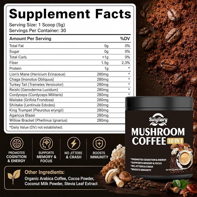 Suiyilary Mushroom Coffee, 10 Mushroom Extract Powder Blend Lion's Mane, Reishi, Chaga, Cordyceps, Turkey Tail, Brain Supplements with Instant Coffee for Energy, Focus, Memory and Immunity 300g