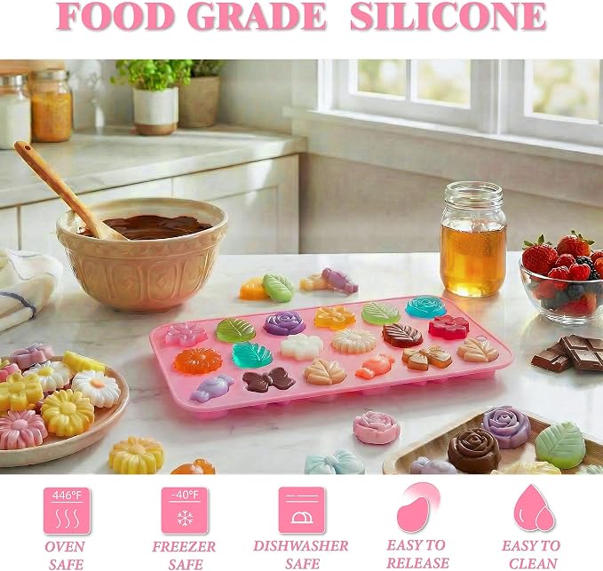 Flower Candy Molds Silicone 2PCS, KKDINDAN 9 Shapes Bite Size Chocolate Molds, Food Grade Spring Rose Daisy Flower Mold Bow Leaf Gummy Molds for Ice Jello Soap Cookie Dessert Melt