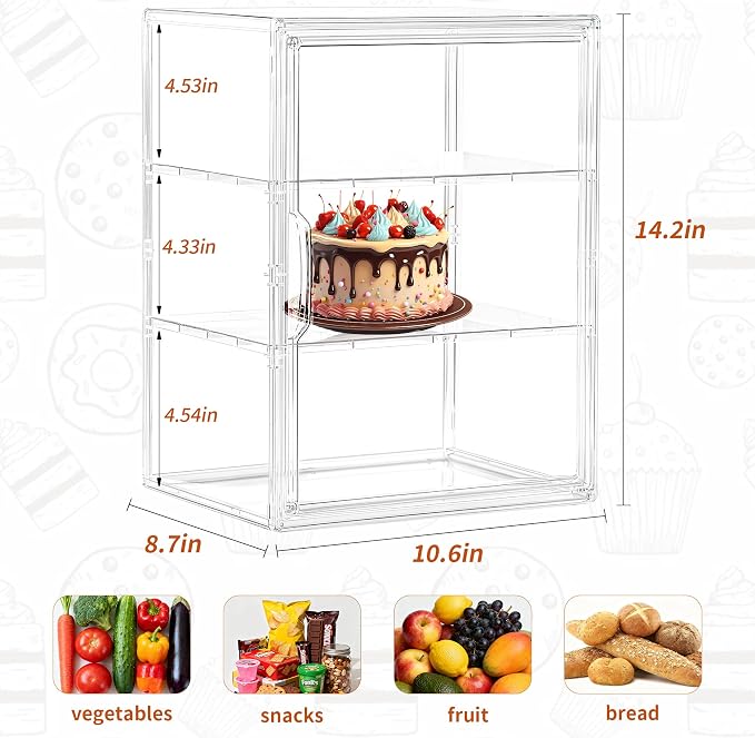 SANKEU Pastry Display Case,Bread Box for Kitchen Countertop,3 Layers Adjustable Clear Bread Storage with Magnetic Door Small Bakery Pastry Display, 2 Pack