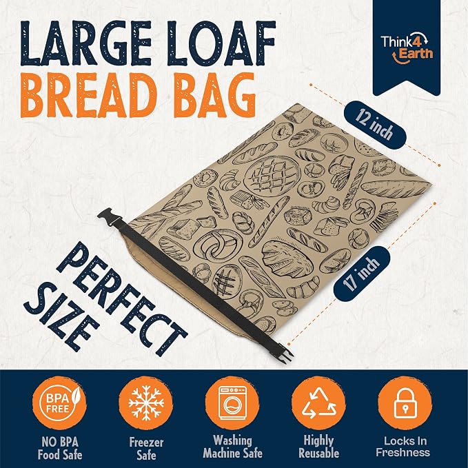 THINK4EARTH® Premium Brown Reusable Bread Bags for Homemade Bread – Durable & Washable (2 Pack)