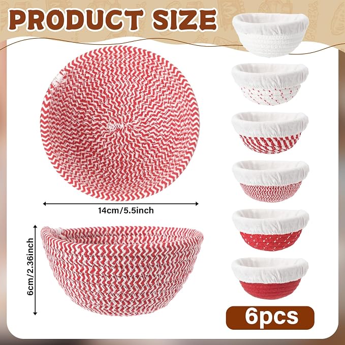 6 Set 5.5 Inch Mini Banneton Bread Proofing Basket Natural Cotton Rope Proofing Bowls Kit with Cloth Liner Small Sourdough Bread Baking Supplies for Home Baking (Red)