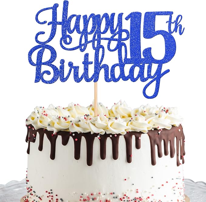 1 PCS Happy 15th Birthday Cake Topper Glitter Cheers to 15 Years Birthday Cake Pick Mis Quince 15 Fabulous Cake Decoration for Happy 15th Birthday Theme Party Decorations Supplies Blue