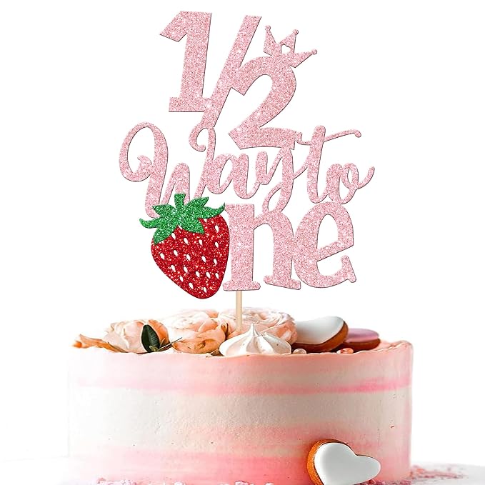 1 PCS Strawberry 1/2 Half Way to One Cake Topper Glitter Berry Sweet Half Way to Go Cake Pick Happy 6 Months Birthday Cake Decoration for Strawberry Theme Baby Shower Birthday Party Supplies Pink