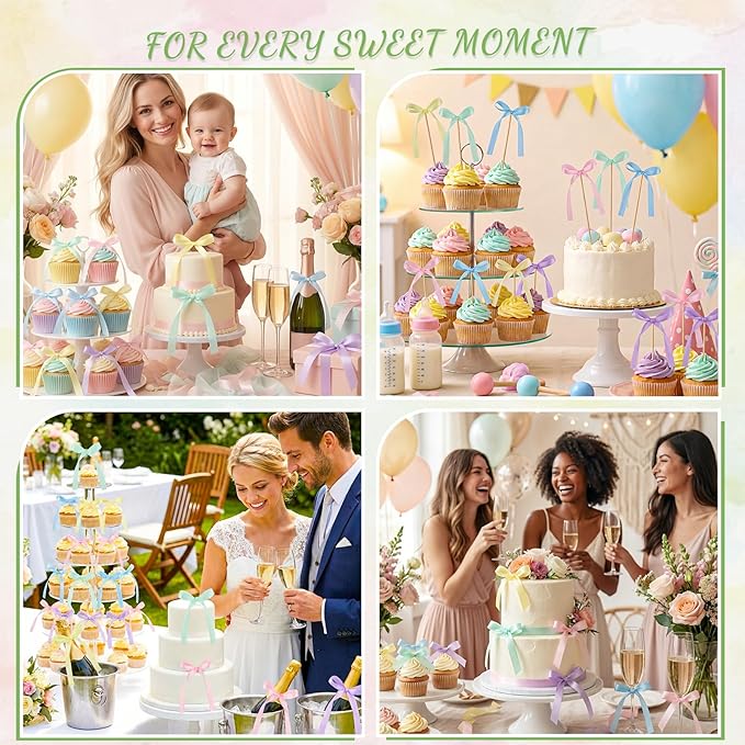 30 PCS Pastel Bows for Cake Ribbon Bow Cake Topper Rainbow Bow Cupcake Toppers for Baby Shower Bridal Weddings Birthday Party Bachelorette Balloon Wall Decorations