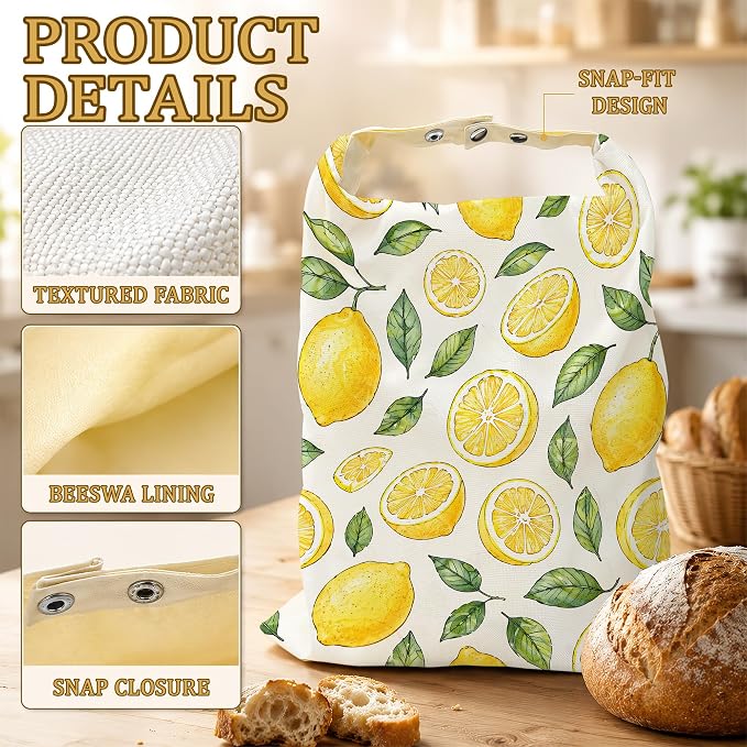 2 Pack Beeswax Linen Lemon Slices Bread Bags, Green Leaves Reusable Fresh Keeping Bags for Sourdough & Baguette, Freezable Portable Bread Storage Container 17×13''