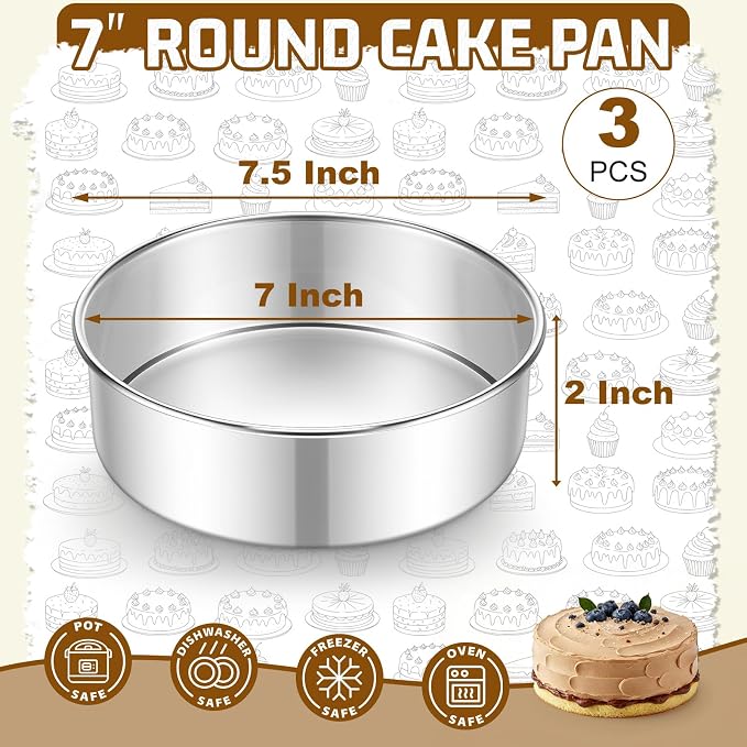 E-far 7 Inch Cake Pan Set of 3, Stainless Steel Round Baking Pans Tins for Layer Birthday Wedding Cakes, Dishwasher & Oven Safe, Healthy & Non-toxic, Leak Proof & Mirror Polished