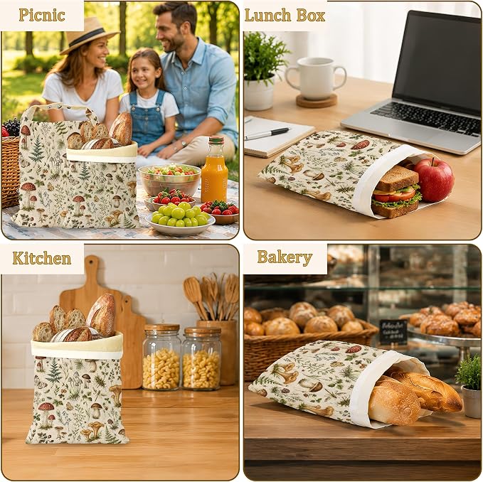 Mushroom Fern Bread Bags for Homemade Bread, Butterfly Garden 2 Pack Linen and Beeswax Sourdough Storage Bags, Reusable Keeper, Keeps Breads Fresh Longer, Gifts for Bakers