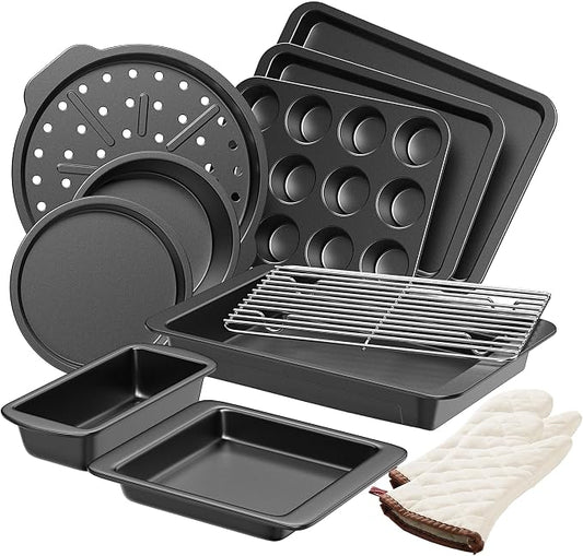 HONGBAKE Bakeware Sets, Baking Pans Set with Kitchen Oven Mitts, Nonstick Oven Pan for Kitchen with Wider Grips, 12-Piece Including Rack, Cookie Sheet, Cake Pans, Loaf Pan, Muffin Pizza Pan