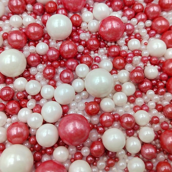 Edible White Red Sugar Pearls Candy Sprinkles 120G/ 4.23Ounce Baking Cake Sprinkles Cupcake and Cake Topper Cookie Decorations Wedding Party Valentines Halloween Christmas Supplies