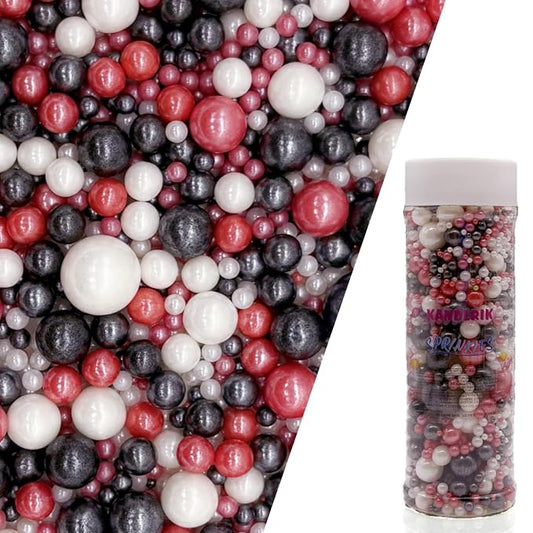 Edible Red & Black & White Sugar Pearls Sprinkles Candy Mix Size Pearls Cake Decorations Cupcake Toppers Decorating Perfect for Wedding Party Valentine Christmas Supplies 4.58OZ