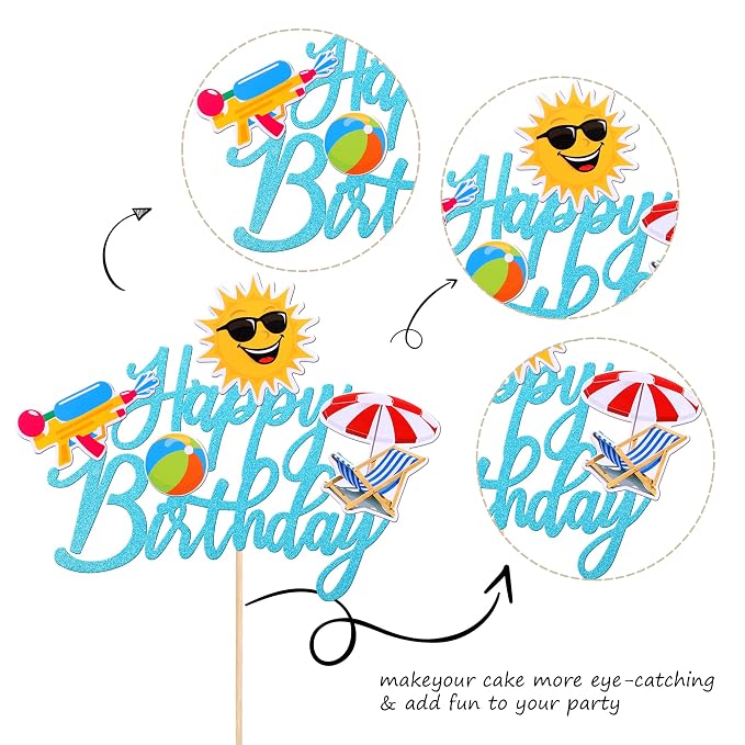 1 PCS Summer Beach Happy Birthday Cake Topper Glitter Ball Sun Umbrella Water Gun Pool Cake Pick for Hawaiian Holiday Baby Shower Birthday Party Cake Decorations Supplies Blue