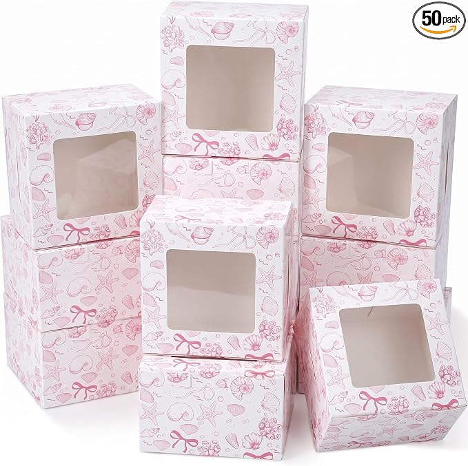 50 Pack Pink Seashell Cookie Boxes with Window, Pink Bow Treat Boxes for Bridal Shower, Baby Girl Shower & Coastal Wedding - Bakery Favor for Cookies, Macarons & Cupcakes