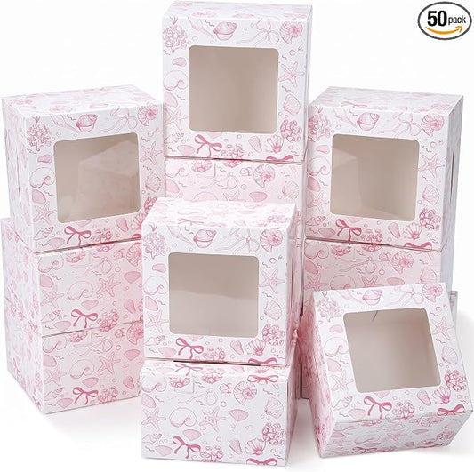 50 Pack Pink Seashell Cookie Boxes with Window, Pink Bow Treat Boxes for Bridal Shower, Baby Girl Shower & Coastal Wedding - Bakery Favor for Cookies, Macarons & Cupcakes