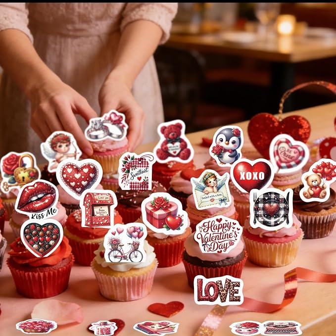 72PCS Edible Happy Valentine’s Day Cupcake Toppers Wafer Paper Sweet Love Be Mine Kiss Me Cupcake Picks Valentine’s Cake Decor for Valentine's Day Theme Wedding Party Supplies