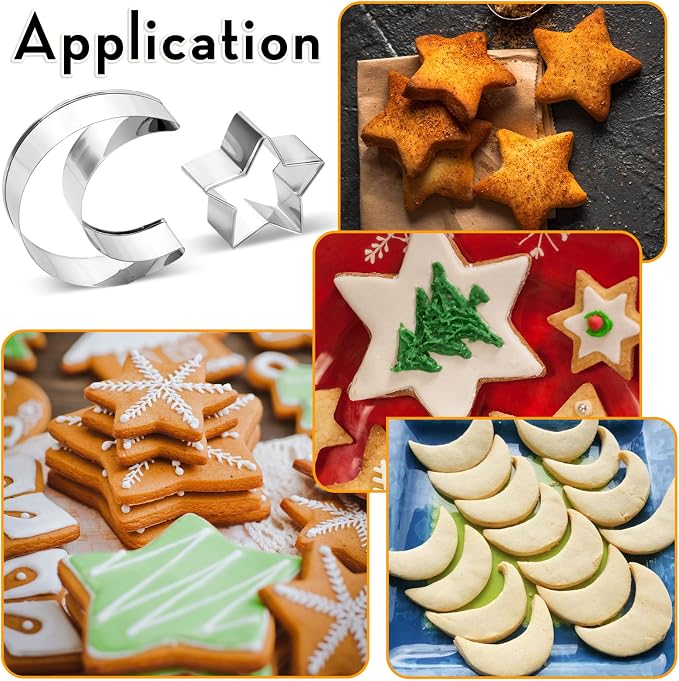 Star Cookie Cutters Set, Stainless Steel Star and Moon Cookie Cutter Shapes, Large Moon Star Shaped Biscuit Molds, Metal Cookie Cutters for Baking Pastry Fondant Ramadan Holiday (2pcs)