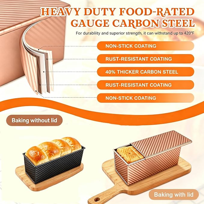 3 Pack Pullman Loaf Pans with Lids, 2.2LB & 1LB & 0.5LB Dough Capacity, Non-Stick Carbon Steel Sandwich Bread Loaf Pan for Homemade Baking Sourdough, Heavy Duty Corrugated Toast Mold, Black+Golden