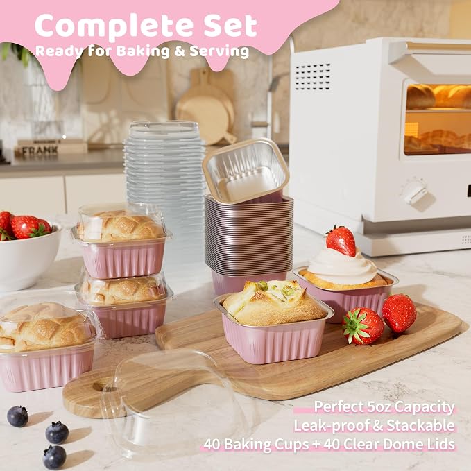 40 Pack 5 OZ Mini Cake Pans with Lids, Disposable Square Aluminum Foil Brownie Baking Cups, Mini Aluminum Foil Cupcake Muffin Tin Ramekins, Flan Molds Cake Containers for Wedding Birthday Party, Pink