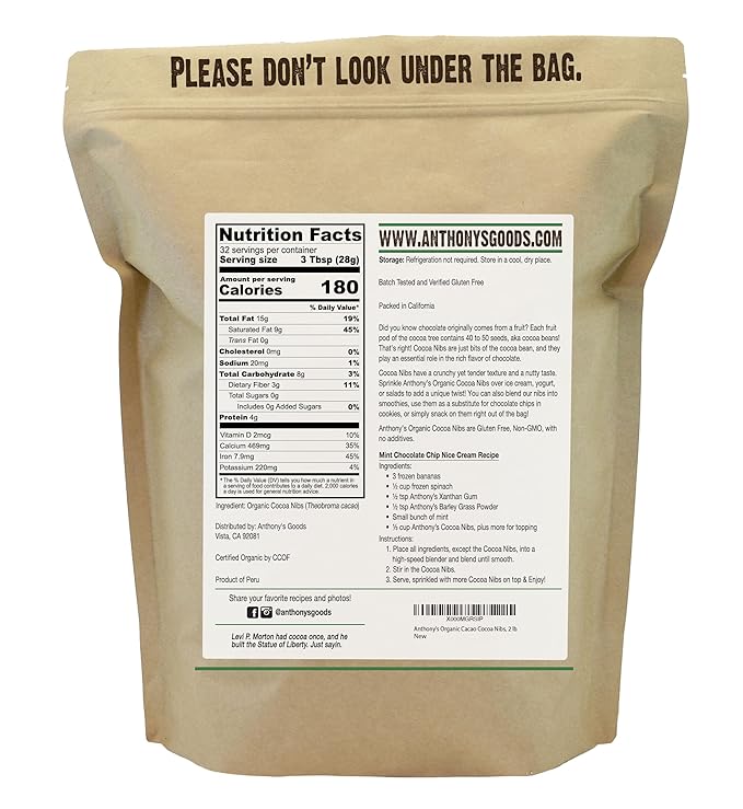Anthony's Organic Cacao Cocoa Nibs, 2 lb, Criollo Beans, Gluten Free, Non-GMO, Unsweetened