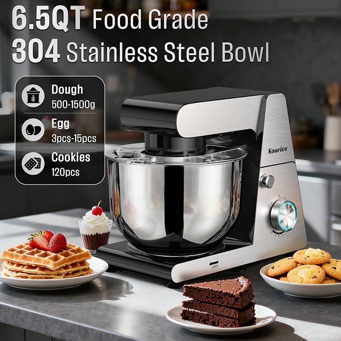 6.5QT Tilt-Head Stand Mixer, Heavy Duty Pro 10-Speed Electric Mixer, Stainless Steel Cladding & Bowl with Dough Hook, Wire Whisk and Flat Beater for Home Baking, Bread, Cake, Pizza Dough