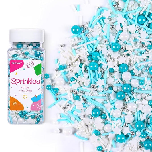 Blue Sprinkles for Cake Decorating, 3.52oz Blue and White Pearl Sprinkles, Bluey Sprinkles for Cupcakes Baking Ice Cream Cookie, Edible Star Sprinkles