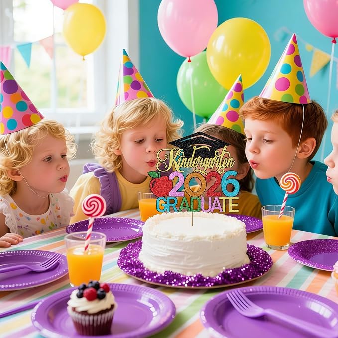 Kindergarten 2026 Graduate Cake Topper, Chirldren Graduation Cake Decorations, Preschool Kindergarten Graduations Party Decoration, Glitter Grad 2026 Happy Graduation (Black Gold 1)