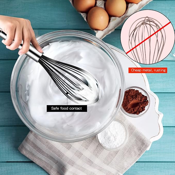 TEEVEA Silicone Whisk Set Non Scratch BPA Free for Nonstick Cookware, 3 Piece 8/10/12 Inch Stainless Steel Core Heat Resistant, Egg Beater for Cooking Baking, Black