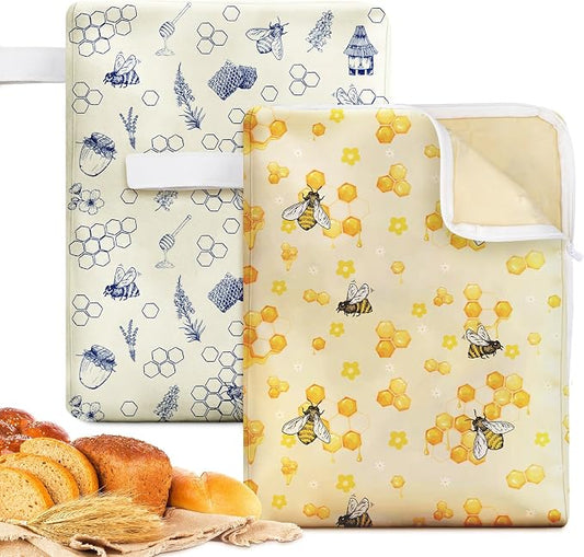 Hahafelt 2 Pack Beeswax Bread Bags with Zipper Seal for Sourdough and Homemade Bread XL Reusable Organic Linen Cotton Beeswax Loaves Food Storage Bag to Keep Fresh(Bee)
