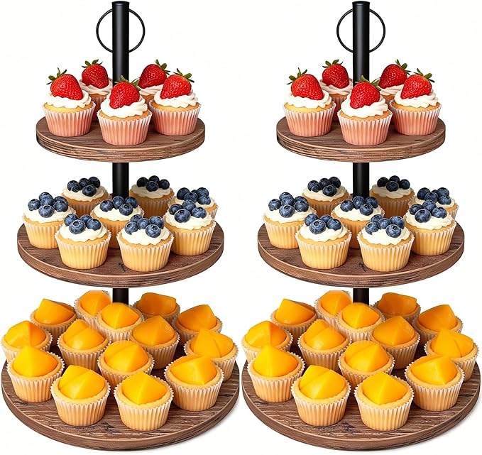 Cupcake Stand, 2 Pack Rustic Wood Cake Stand, 3 Tier Cupcake Tower Round Tiered Tray Stand for Dessert Table Display, Industrial Wooden Serving Stand Wedding, Graduation and Baby Shower