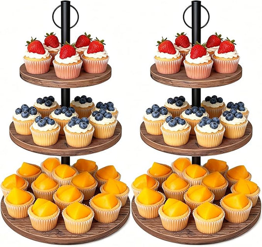 Cupcake Stand, 2 Pack Rustic Wood Cake Stand, 3 Tier Cupcake Tower Round Tiered Tray Stand for Dessert Table Display, Industrial Wooden Serving Stand Wedding, Graduation and Baby Shower