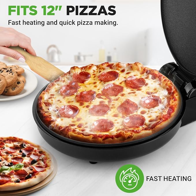 NutriChef Countertop Pizza Maker | 1500W Non-Stick Electric Pizza Cooker | Make 12" Personal Pizzas, Eggs, Toast, Quesadillas & More | Cool-Touch Handles & Space Saving | Temp Range 175-400°F | Black
